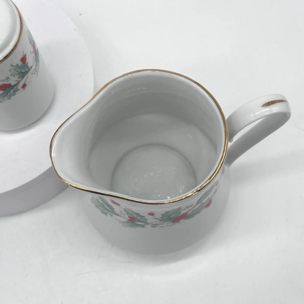 China Pearl Holly Berry Christmas Creamer Sugar Salt Pepper Set White Holiday
